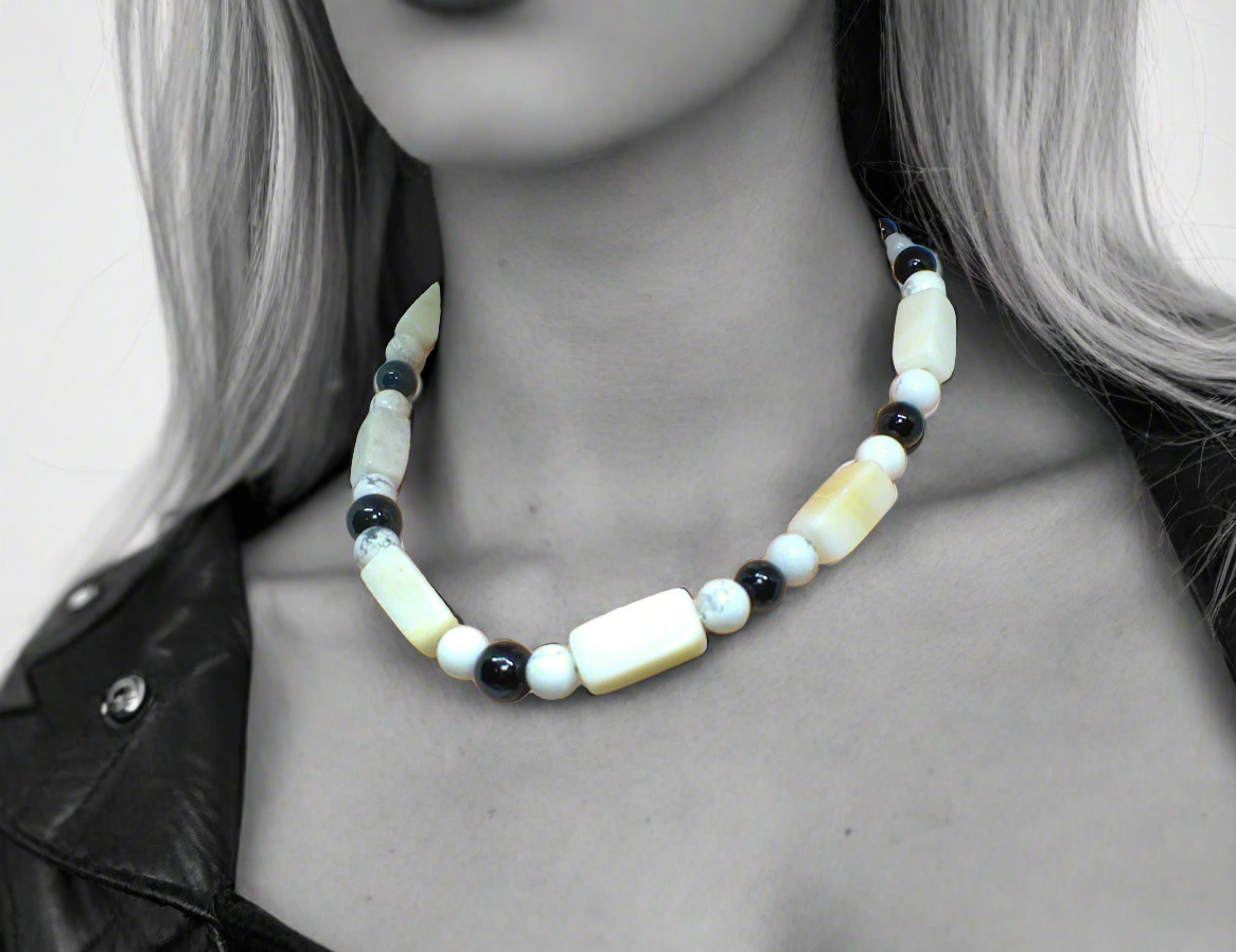 Lovely Natural Snow Quartz, Black Onyx, Howlite and Mountain Jade, Semi-precious, One-of-a -kind, Beaded Necklace A-crafted by Artistry Jewelry
