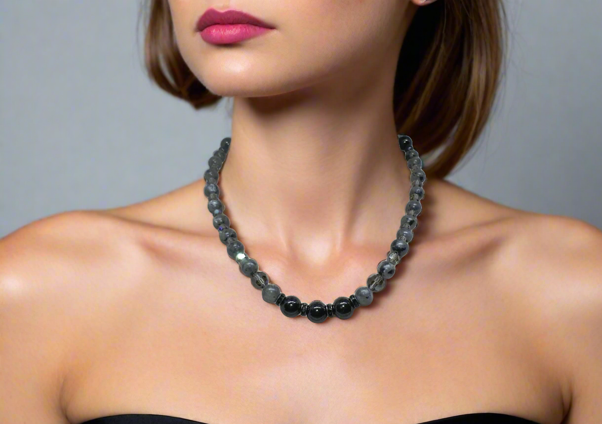 Lovely Black Onyx, Crystals, One-of-a-Kind, Beaded Necklace-crafted by Artistry Jewelry