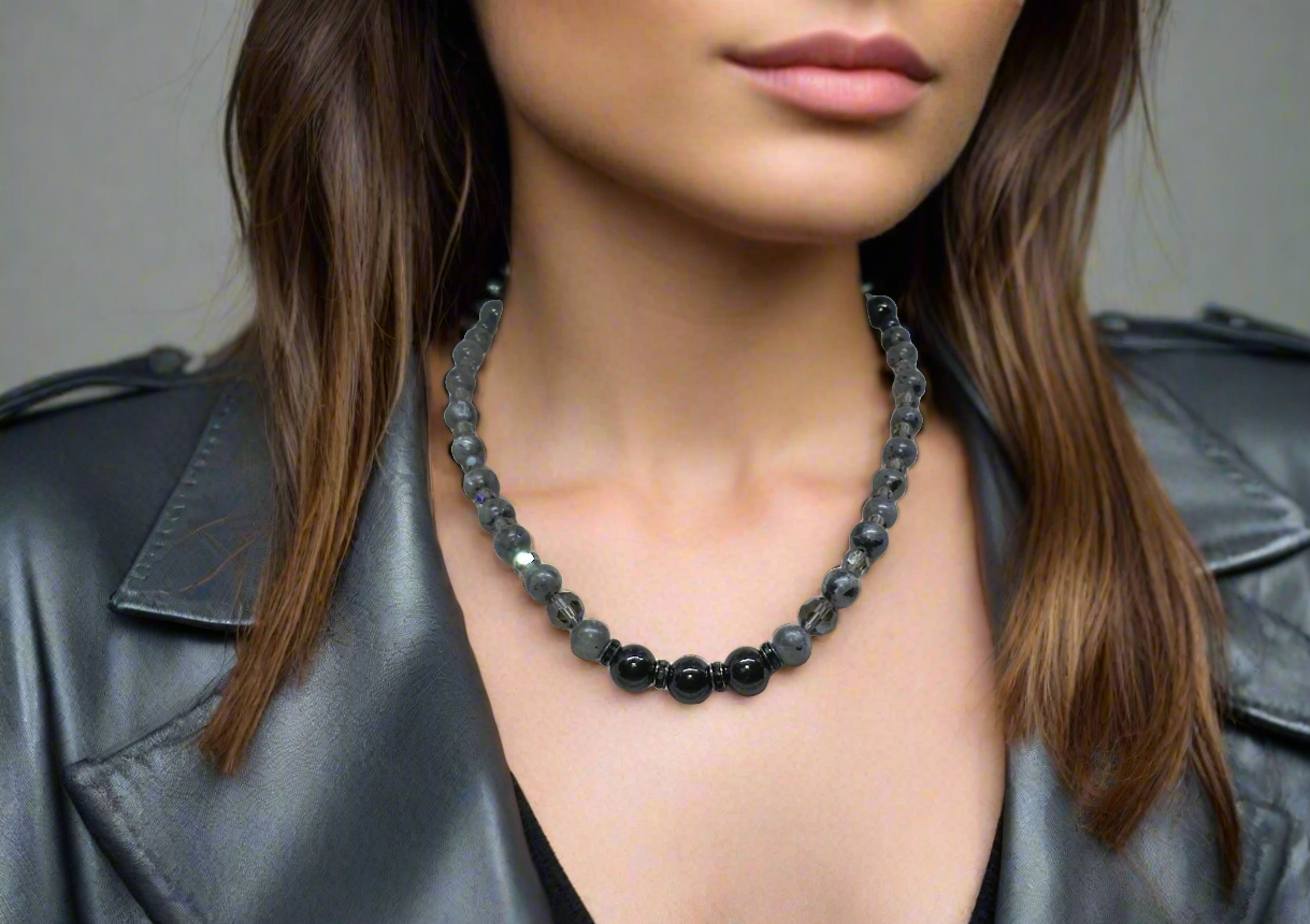 Lovely Black Onyx, Crystals, One-of-a-Kind, Beaded Necklace-crafted by Artistry Jewelry