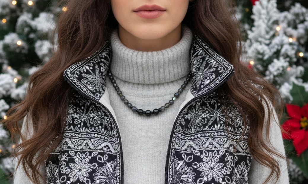 Lovely Black Onyx, Crystals, One-of-a-Kind, Beaded Necklace-crafted by Artistry Jewelry