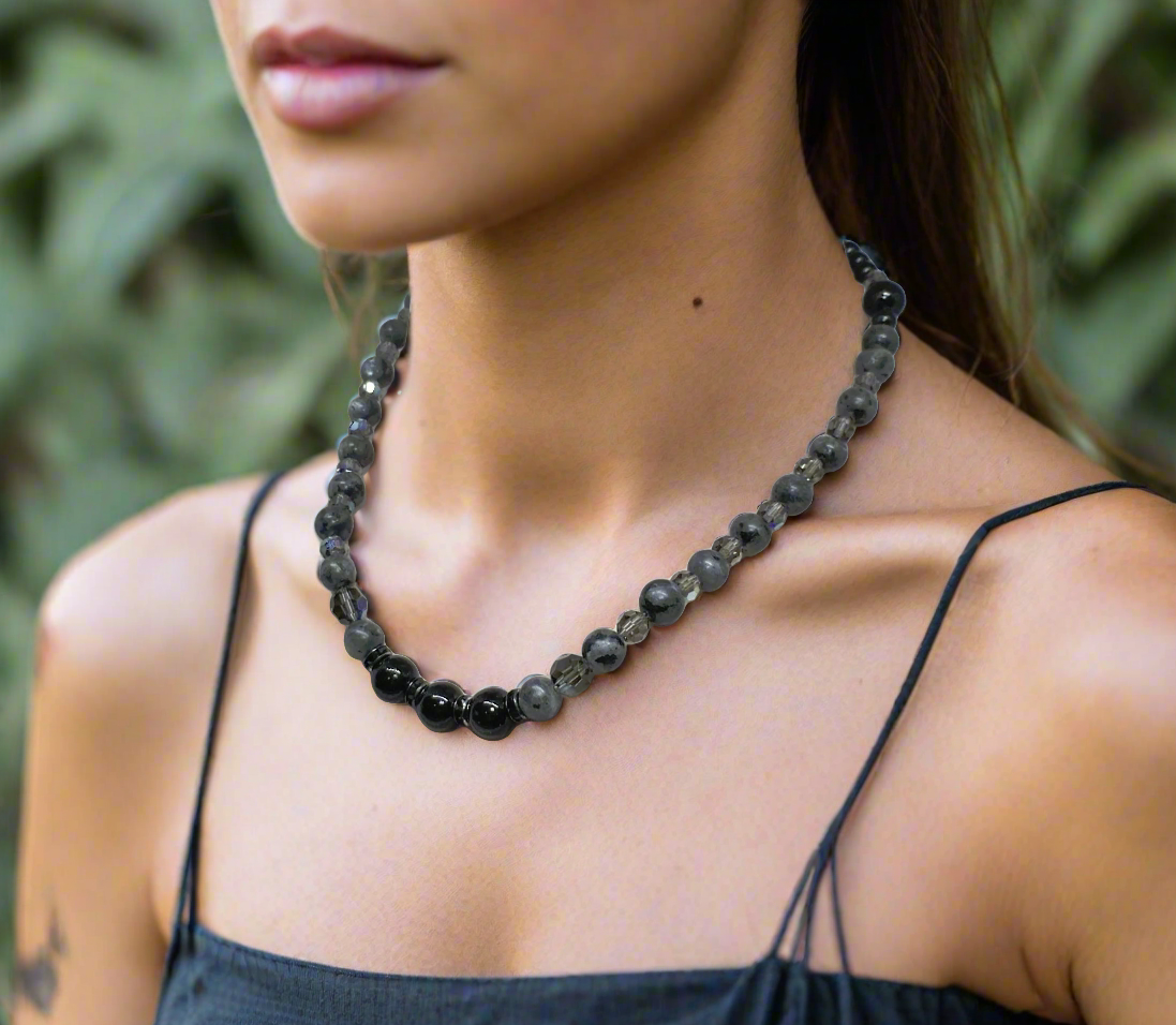 Lovely Black Onyx, Crystals, One-of-a-Kind, Beaded Necklace-crafted by Artistry Jewelry