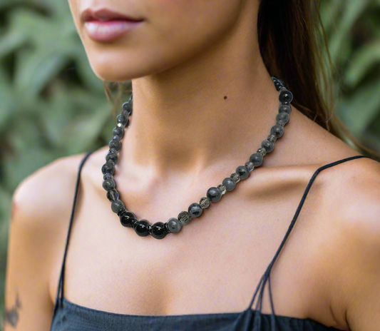 Lovely Black Onyx, Crystals, One-of-a-Kind, Beaded Necklace-crafted by Artistry Jewelry
