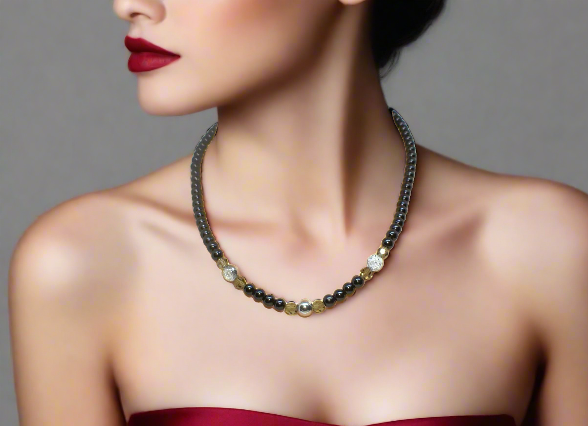 Magical Black Diamond Crystals, SP Hematite, Silver Cracked Glass Beads, One-of-a-Kind Necklace-crafted by Artistry Jewelry