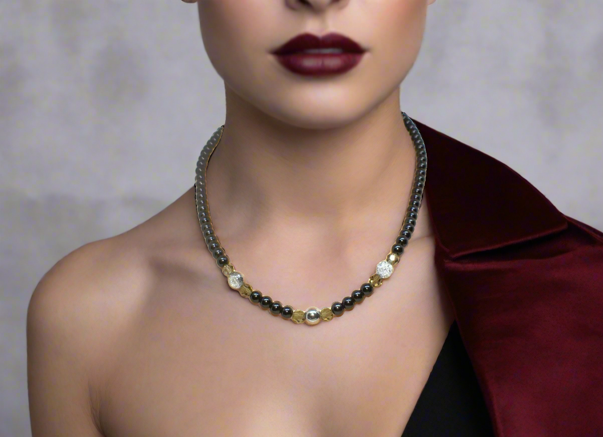 Magical Black Diamond Crystals, SP Hematite, Silver Cracked Glass Beads, One-of-a-Kind Necklace-crafted by Artistry Jewelry