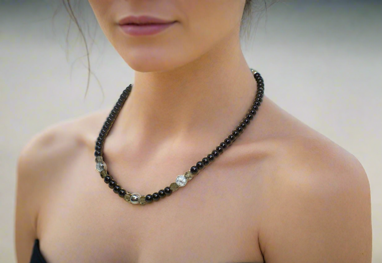 Magical Black Diamond Crystals, SP Hematite, Silver Cracked Glass Beads, One-of-a-Kind Necklace-crafted by Artistry Jewelry