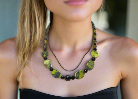 Enchanting Yellow Turquoise and Black Onyx, Semi-precious, One-of-a-Kind Necklace-handcrafted by Artistry Jewelry