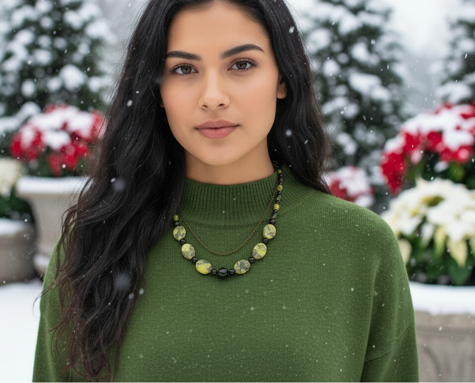 Enchanting Yellow Turquoise and Black Onyx, Semi-precious, One-of-a-Kind Necklace-handcrafted by Artistry Jewelry