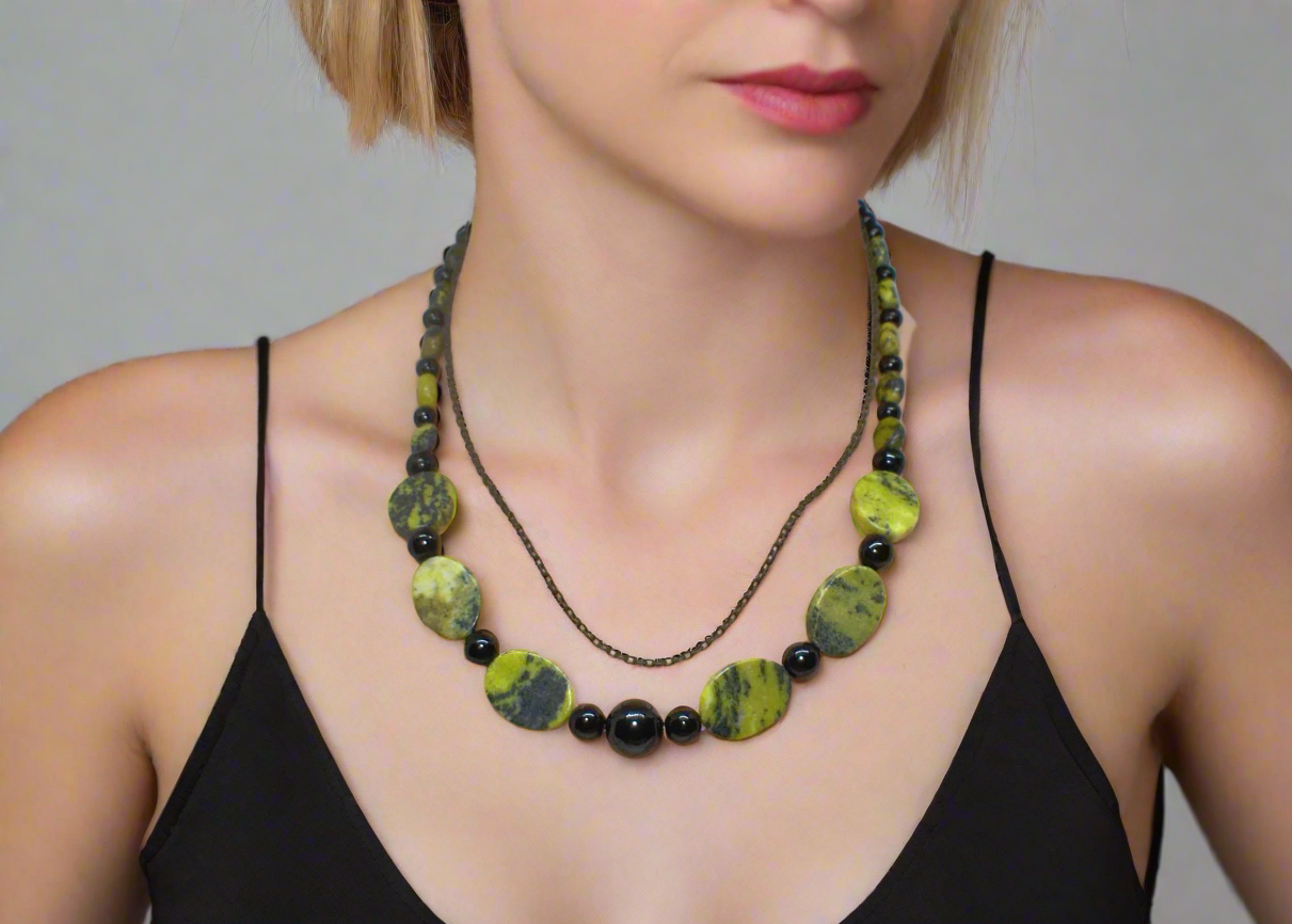 Enchanting Yellow Turquoise and Black Onyx, Semi-precious, One-of-a-Kind Necklace-handcrafted by Artistry Jewelry