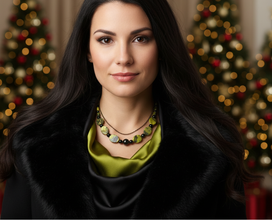 Enchanting Yellow Turquoise and Black Onyx, Semi-precious, One-of-a-Kind Necklace-handcrafted by Artistry Jewelry