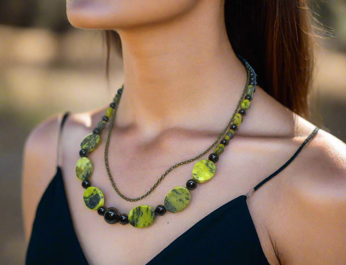 Enchanting Yellow Turquoise and Black Onyx, Semi-precious, One-of-a-Kind Necklace-handcrafted by Artistry Jewelry