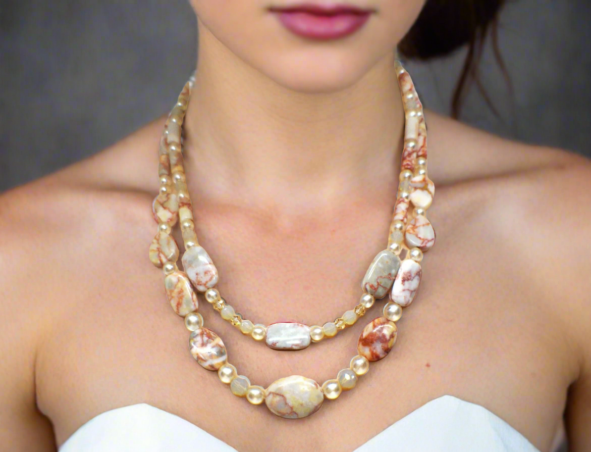 Perfect Natural Redline Marble, Sand Opal Crystals, and Druk pearl beads, Two-strands, Beaded Necklace Set-crafted by Artistry Jewelry