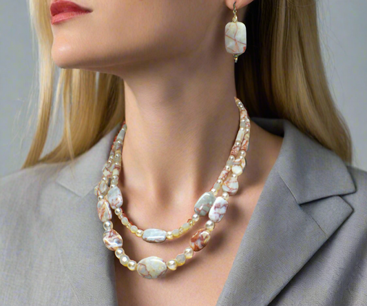 Perfect Natural Redline Marble, Sand Opal Crystals, and Druk pearl beads, Two-strands, Beaded Necklace Set-crafted by Artistry Jewelry