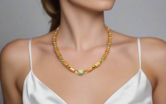 Exceptional Crystal and Buri, Peach, and Cream Beaded Necklace Set with Cubic Zirconia - handcrafted by Artistry Jewelry