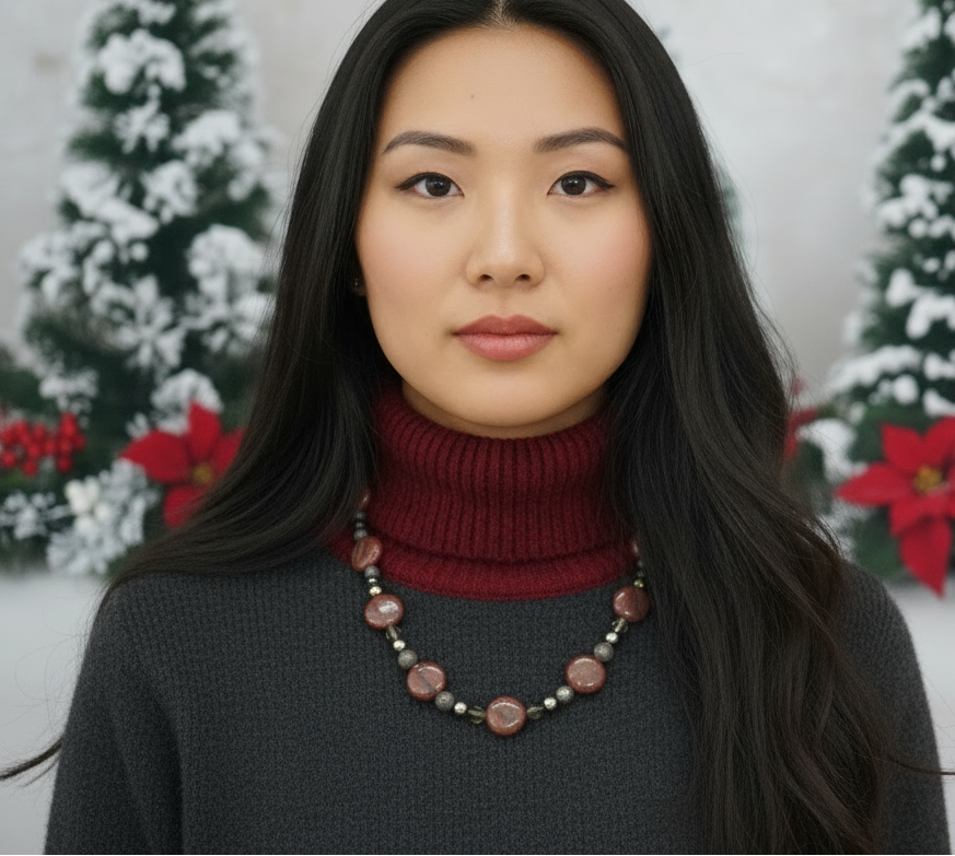 Gorgeous Red Sesame Jasper, Black Lace Marble and Crystal, Semi-precious, One-of-a-Kind, Beaded Necklace B-handcrafted by Artistry Jewelry