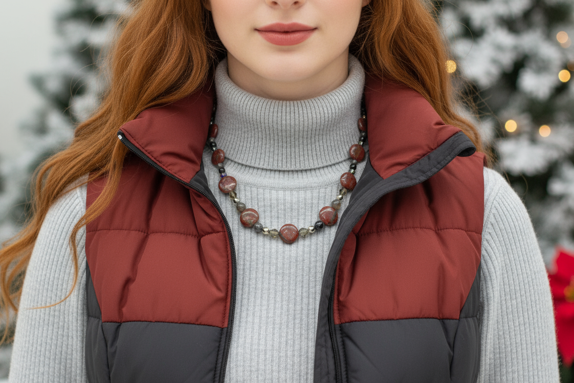Gorgeous Red Sesame Jasper, Black Lace Marble and Crystal, Semi-precious, One-of-a-Kind, Beaded Necklace B-handcrafted by Artistry Jewelry