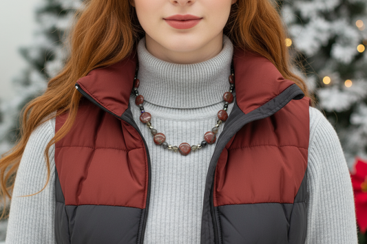 Gorgeous Red Sesame Jasper, Black Lace Marble and Crystal, Semi-precious, One-of-a-Kind, Beaded Necklace B-handcrafted by Artistry Jewelry