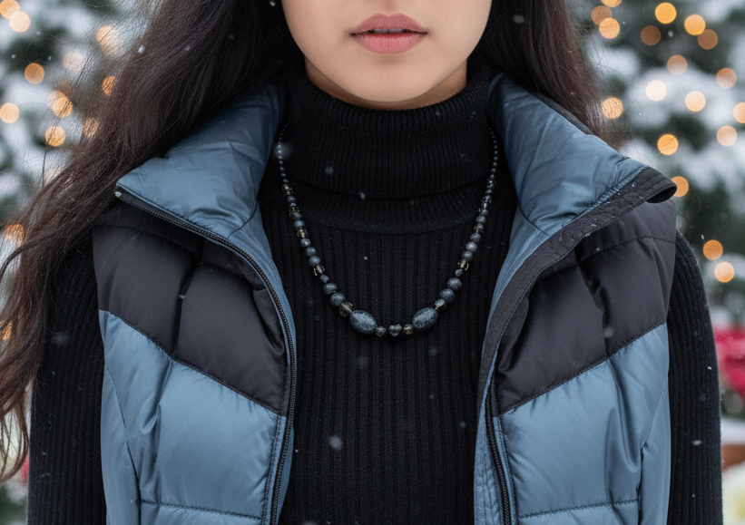Fabulous Black & Gray Labrador, Black Onyx and Black Diamond Crystals, Semi-precious, Beaded Necklace B-handcrafted by Artistry Jewelry