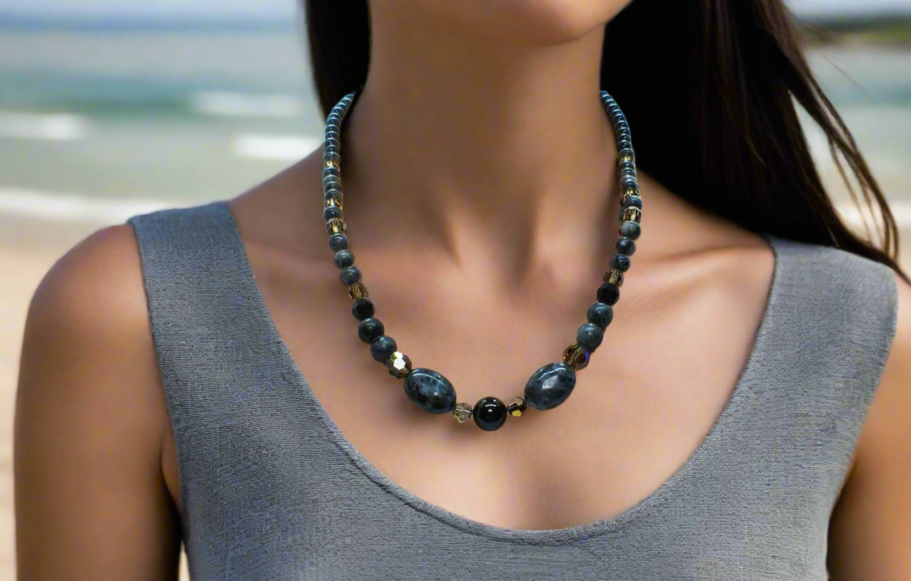 Fabulous Black & Gray Labrador, Black Onyx and Black Diamond Crystals, Semi-precious, Beaded Necklace B-handcrafted by Artistry Jewelry