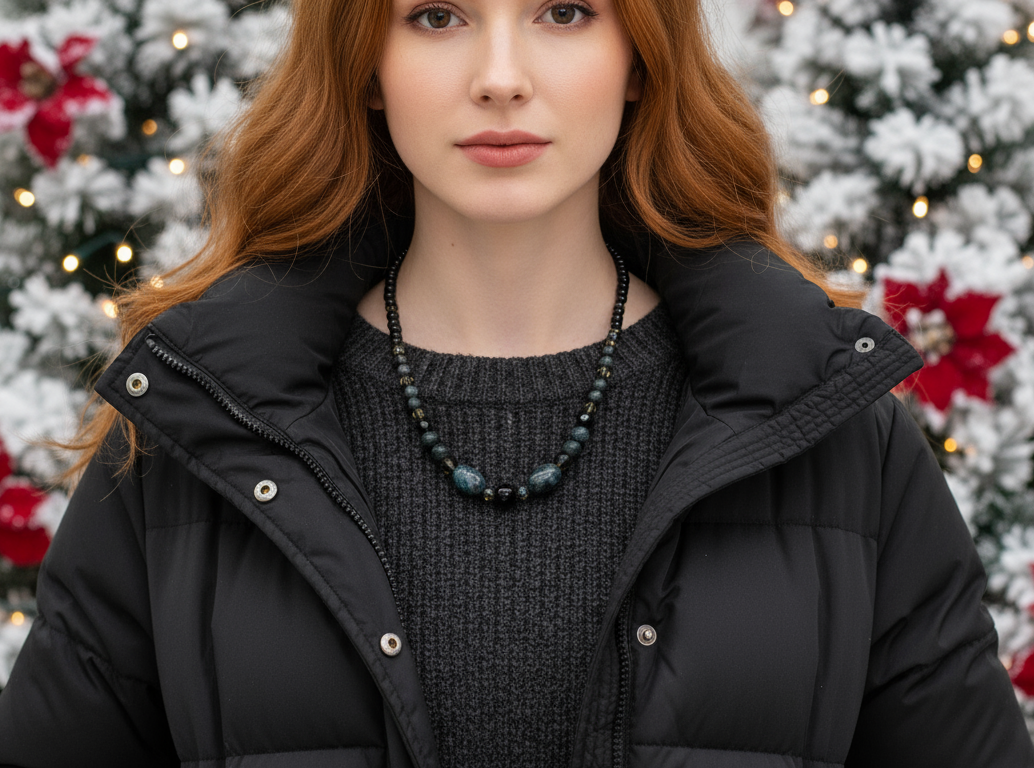 Fabulous Black & Gray Labrador, Black Onyx and Black Diamond Crystals, Semi-precious, Beaded Necklace B-handcrafted by Artistry Jewelry