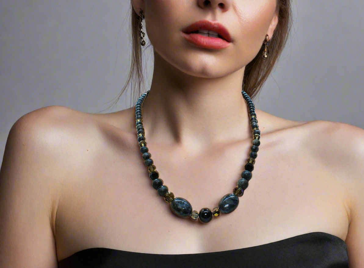 Fabulous Black & Gray Labrador, Black Onyx and Black Diamond Crystals, Semi-precious, Beaded Necklace B-handcrafted by Artistry Jewelry