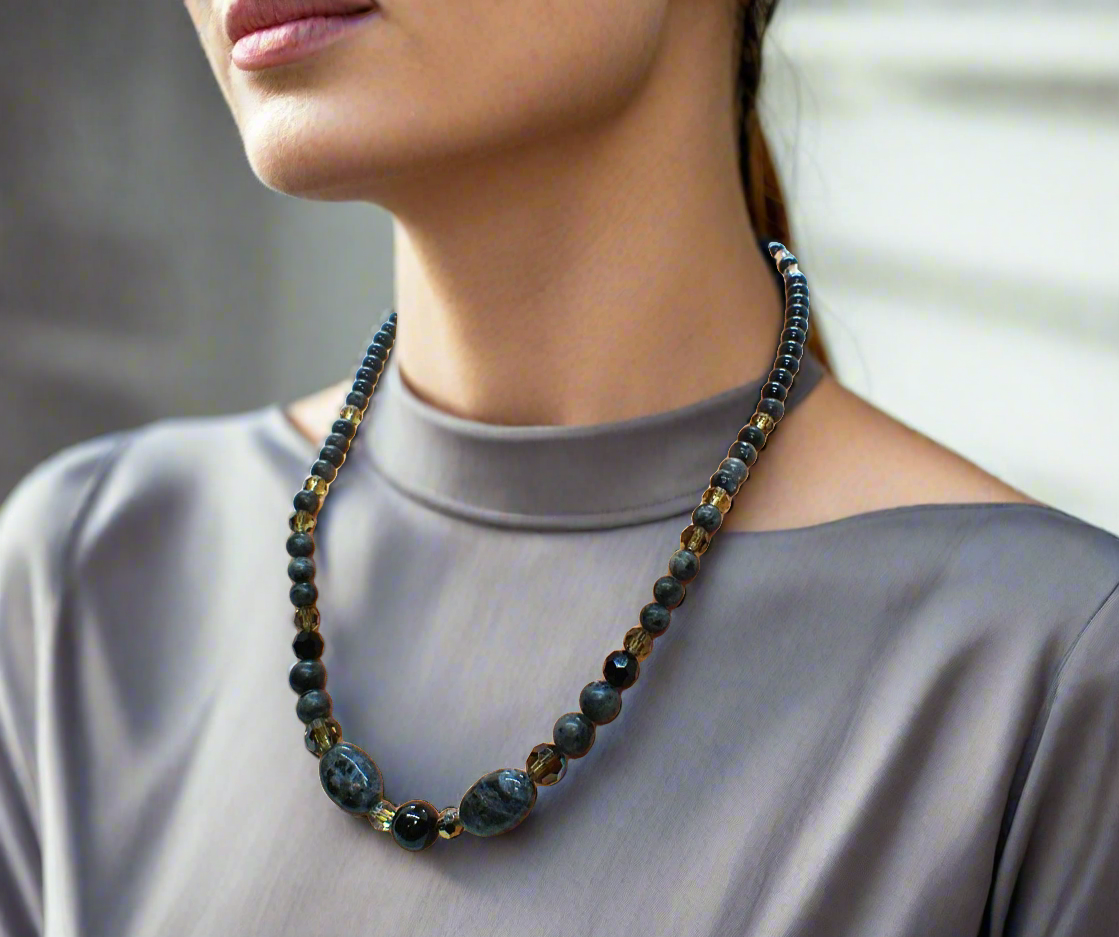 Fabulous Black & Gray Labrador, Black Onyx and Black Diamond Crystals, Semi-precious, Beaded Necklace B-handcrafted by Artistry Jewelry