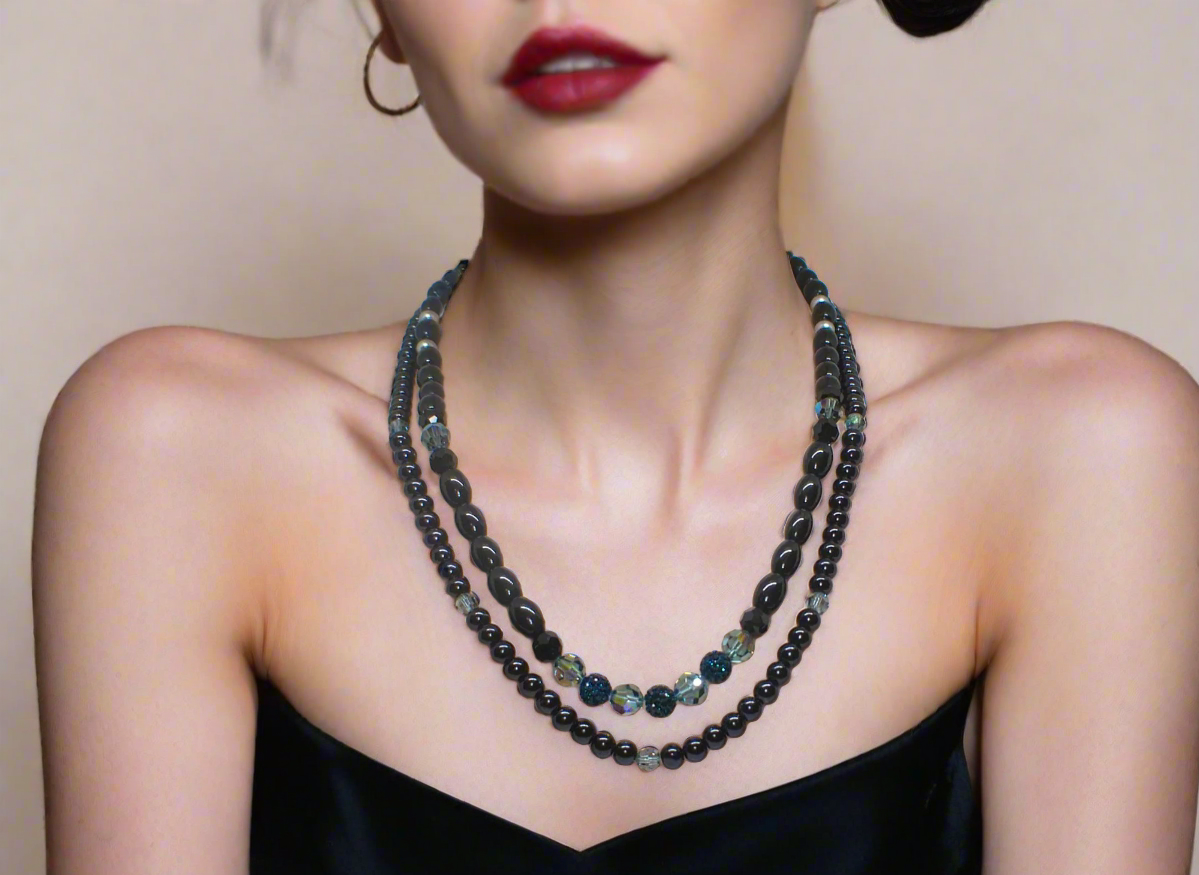 Stunning Sapphire Crystals, Black & Gray Pearl Beads, Dark BlueCzech PAVE Balls, Beaded Necklace - handcrafted by Artistry Jewelry
