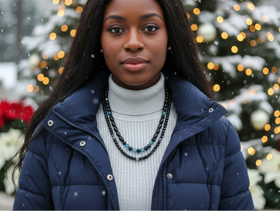 Stunning Sapphire Crystals, Black & Gray Pearl Beads, Dark BlueCzech PAVE Balls, Beaded Necklace - handcrafted by Artistry Jewelry
