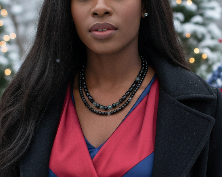 Stunning Sapphire Crystals, Black & Gray Pearl Beads, Dark BlueCzech PAVE Balls, Beaded Necklace - handcrafted by Artistry Jewelry