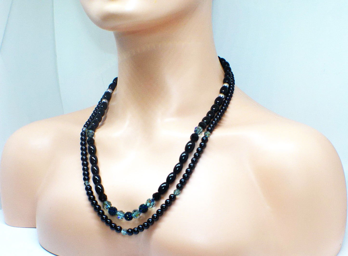 Stunning Sapphire Crystals, Black & Gray Pearl Beads, Dark BlueCzech PAVE Balls, Beaded Necklace - handcrafted by Artistry Jewelry
