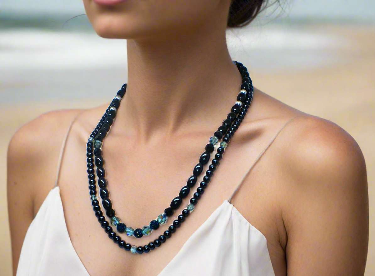 Stunning Sapphire Crystals, Black & Gray Pearl Beads, Dark BlueCzech PAVE Balls, Beaded Necklace - handcrafted by Artistry Jewelry