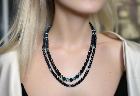 Stunning Sapphire Crystals, Black & Gray Pearl Beads, Dark BlueCzech PAVE Balls, Beaded Necklace - handcrafted by Artistry Jewelry