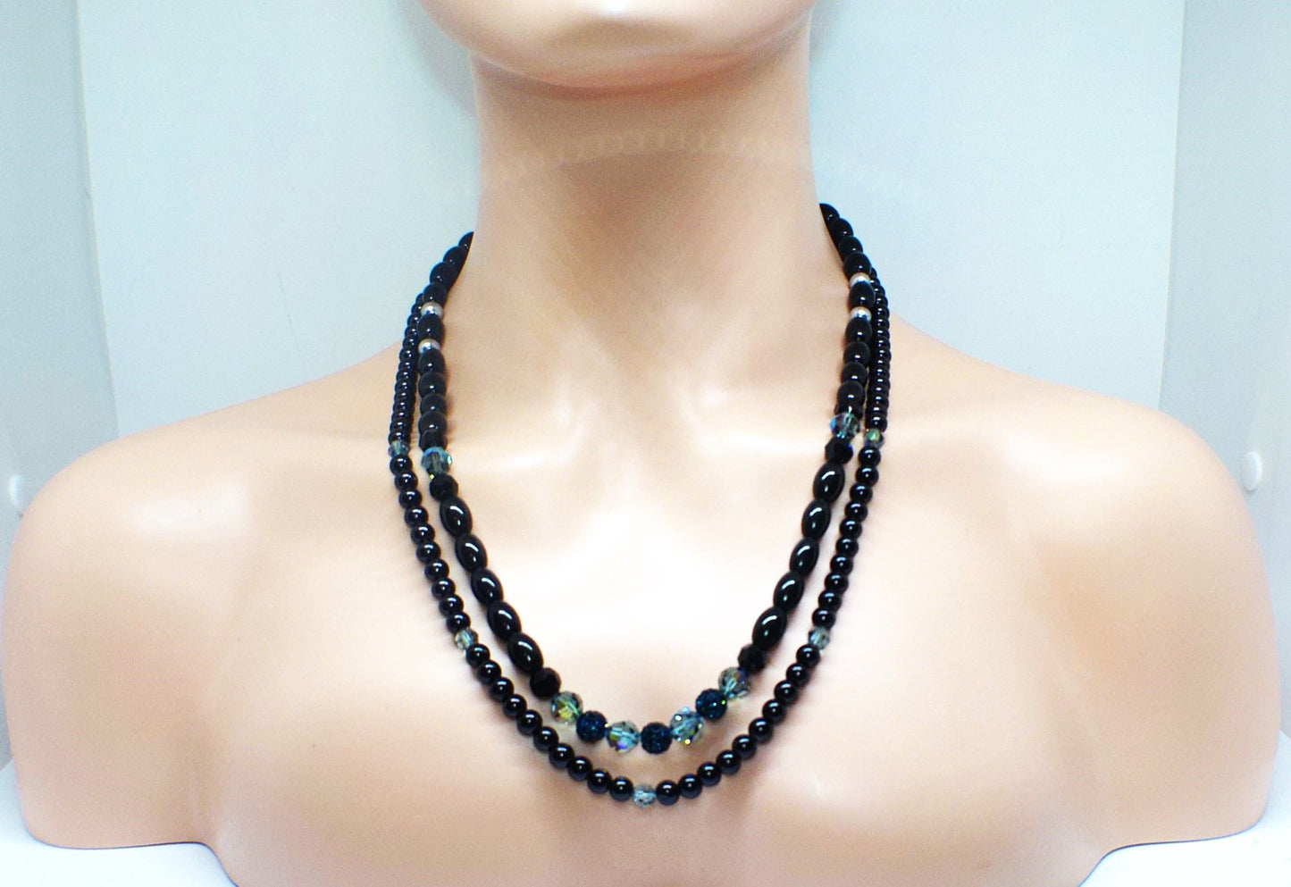 Stunning Sapphire Crystals, Black & Gray Pearl Beads, Dark BlueCzech PAVE Balls, Beaded Necklace - handcrafted by Artistry Jewelry
