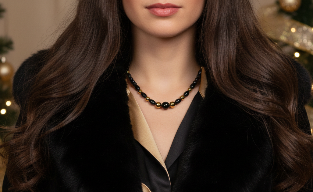 Appealing Black Onyx and Gold Hematite  Necklace - handcrafted by Artistry Jewelry
