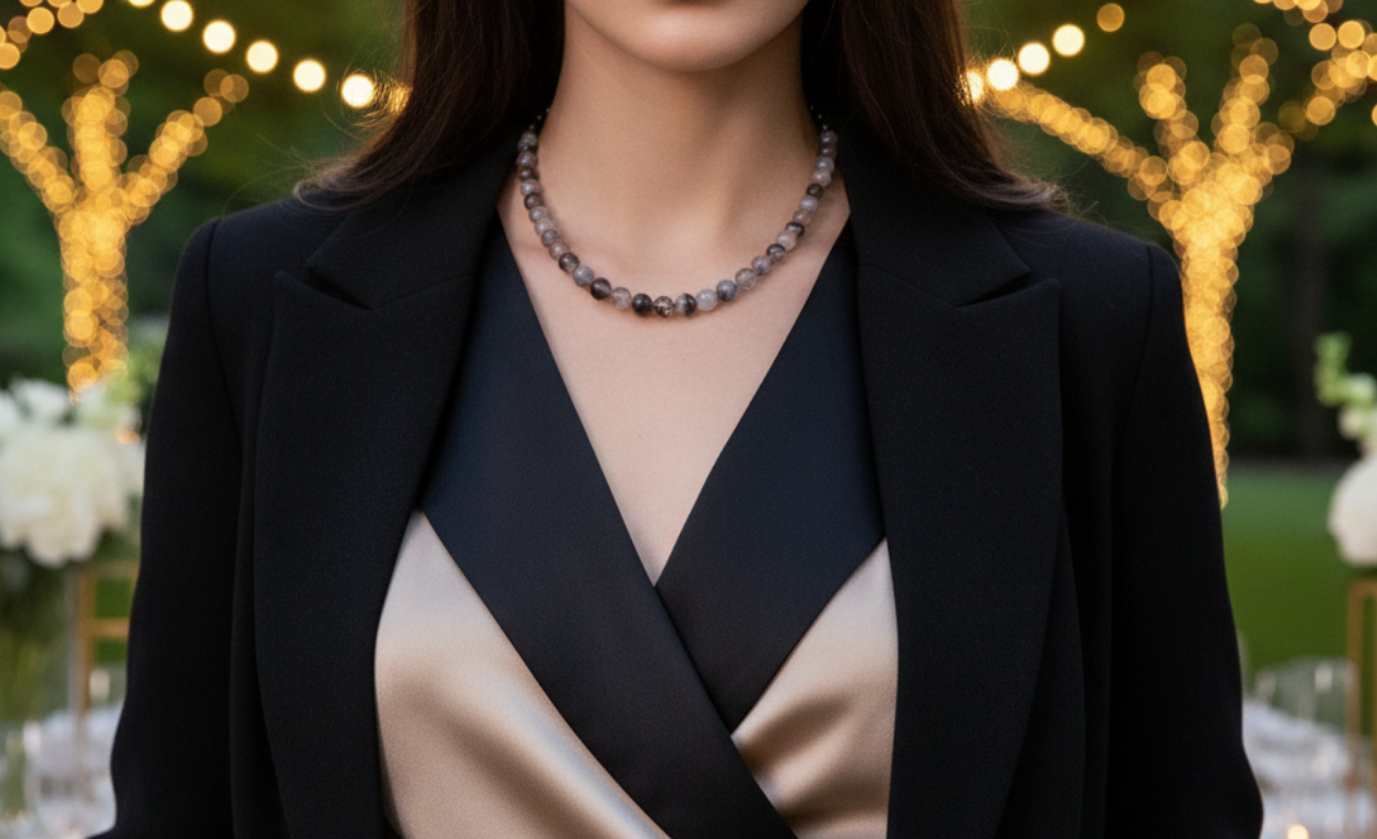 Captivating Black Dragon Vein Agate and Crystal Necklace