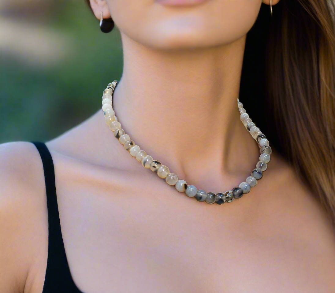 Captivating Black Dragon Vein Agate and Crystal Necklace