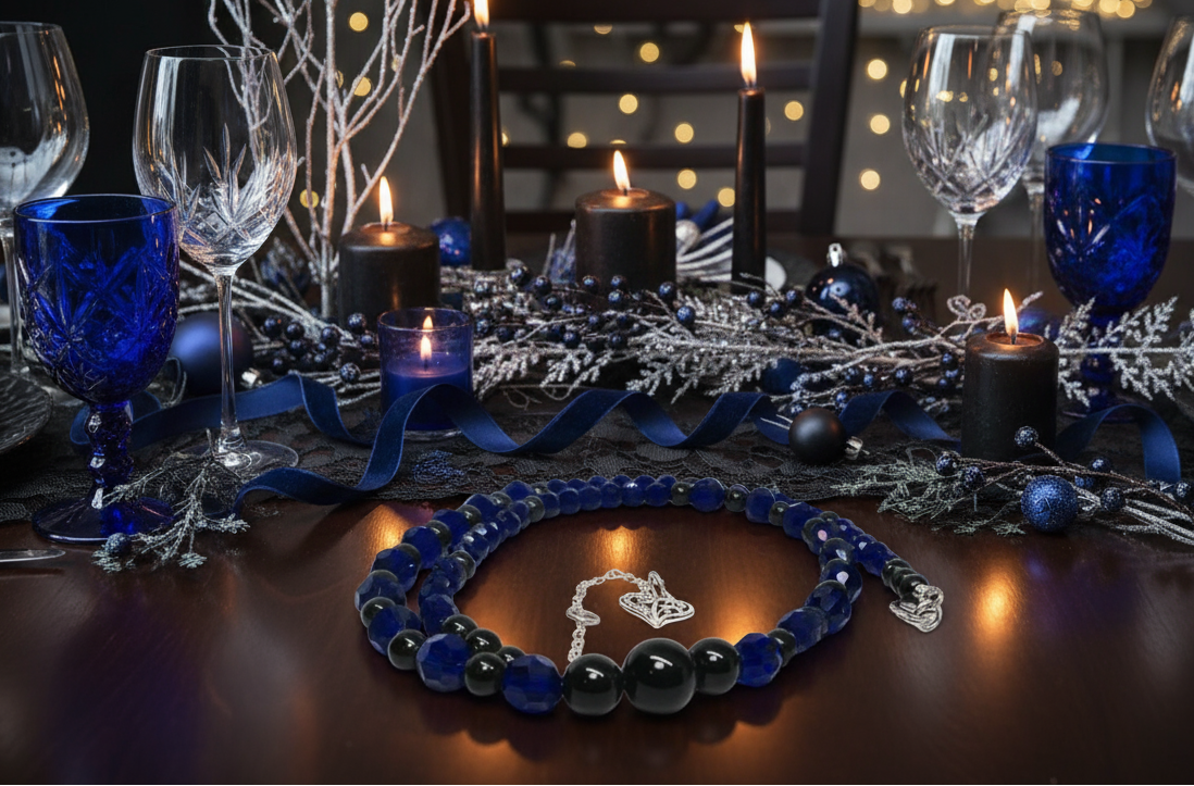 Ravishing Cobalt Blue Crystal and Black Onyx Necklace