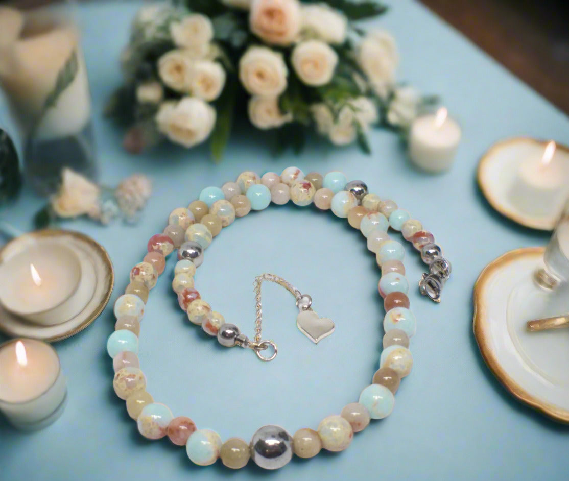 Lovely Sky Blue Jasper, Quartz and Silver Hematite Necklace