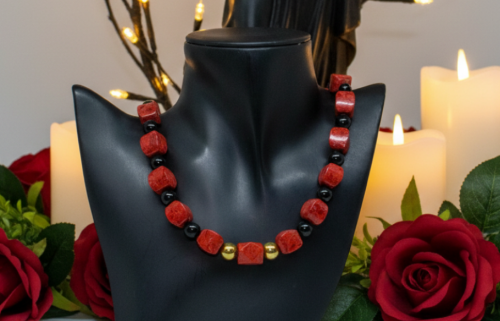 Stunning Coral, Black Onyx and Silver Hematite Necklace