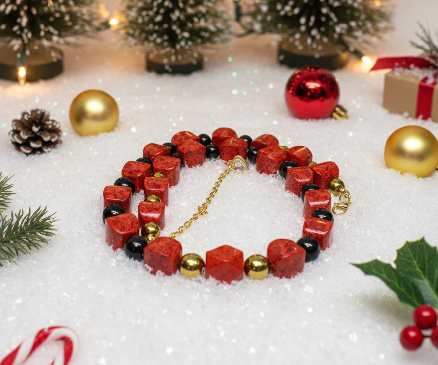 Stunning Coral, Black Onyx and Silver Hematite Necklace