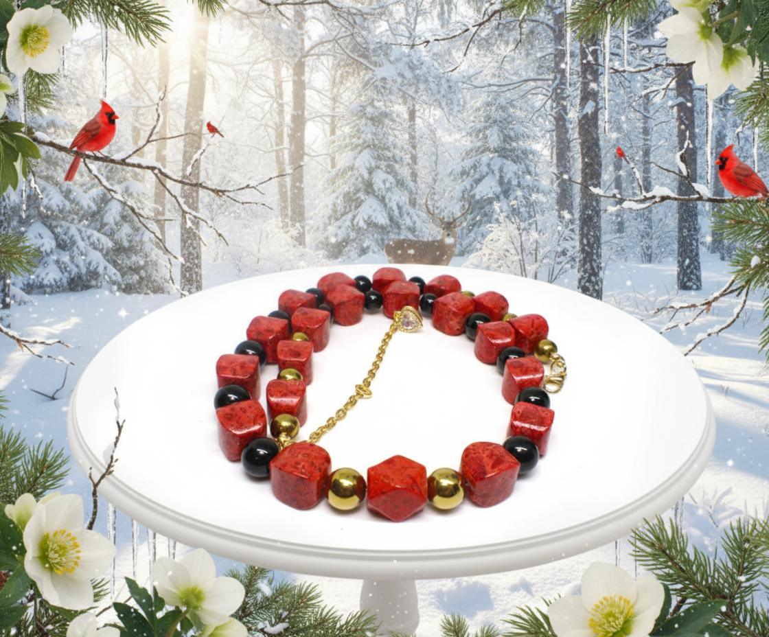 Stunning Coral, Black Onyx and Silver Hematite Necklace