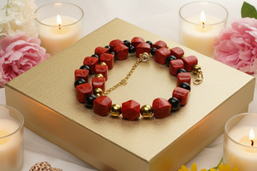 Stunning Coral, Black Onyx and Silver Hematite Necklace