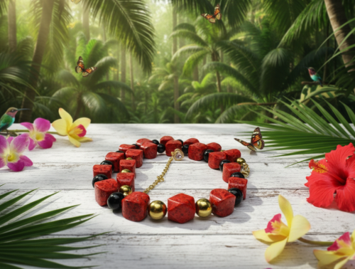 Stunning Coral, Black Onyx and Silver Hematite Necklace