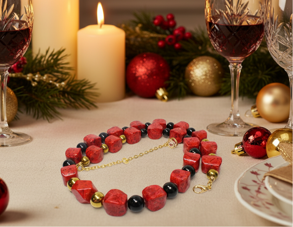 Stunning Coral, Black Onyx and Silver Hematite Necklace