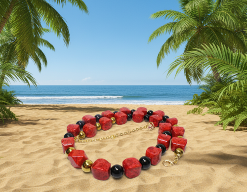 Stunning Coral, Black Onyx and Silver Hematite Necklace