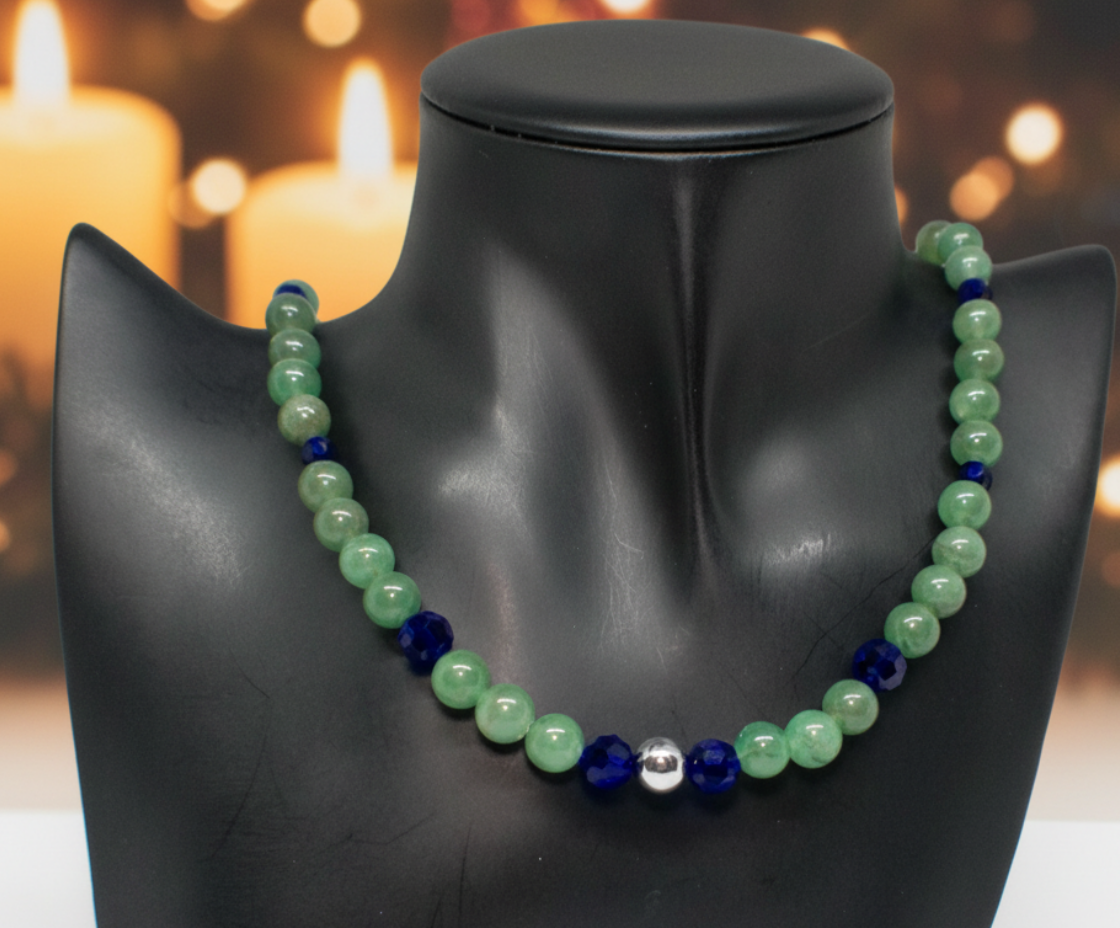 Attractive Cobalt Blue Crystals and Green Quartz and Silver Hematite Necklace