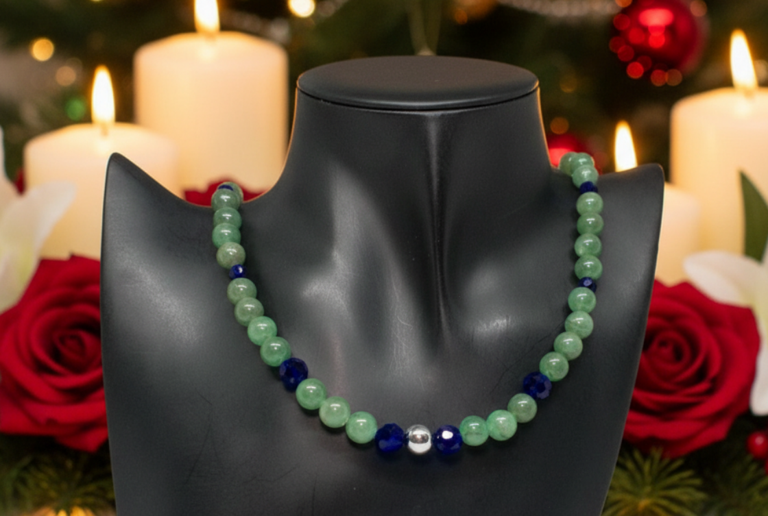 Attractive Cobalt Blue Crystals and Green Quartz and Silver Hematite Necklace