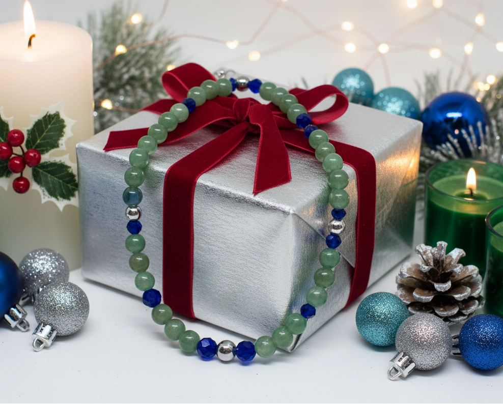 Attractive Cobalt Blue Crystals and Green Quartz and Silver Hematite Necklace