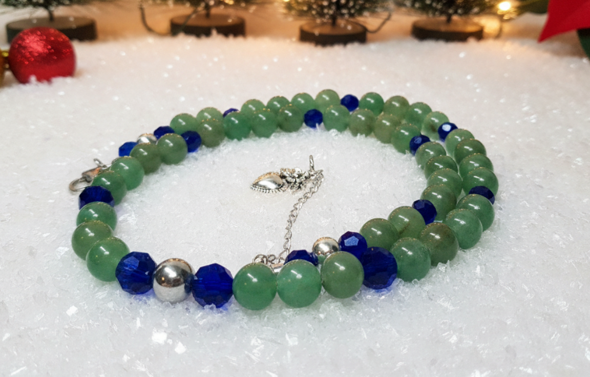 Attractive Cobalt Blue Crystals and Green Quartz and Silver Hematite Necklace