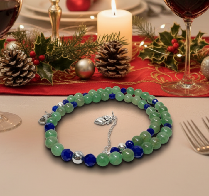 Attractive Cobalt Blue Crystals and Green Quartz and Silver Hematite Necklace