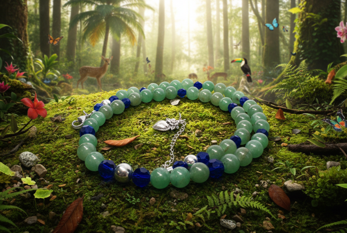 Attractive Cobalt Blue Crystals and Green Quartz and Silver Hematite Necklace